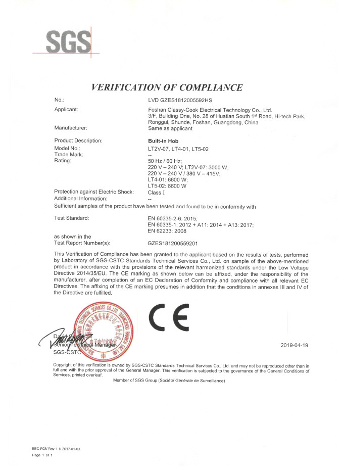 Chiny Foshan Classy-Cook Electrical Technology Co. Ltd. Certyfikaty